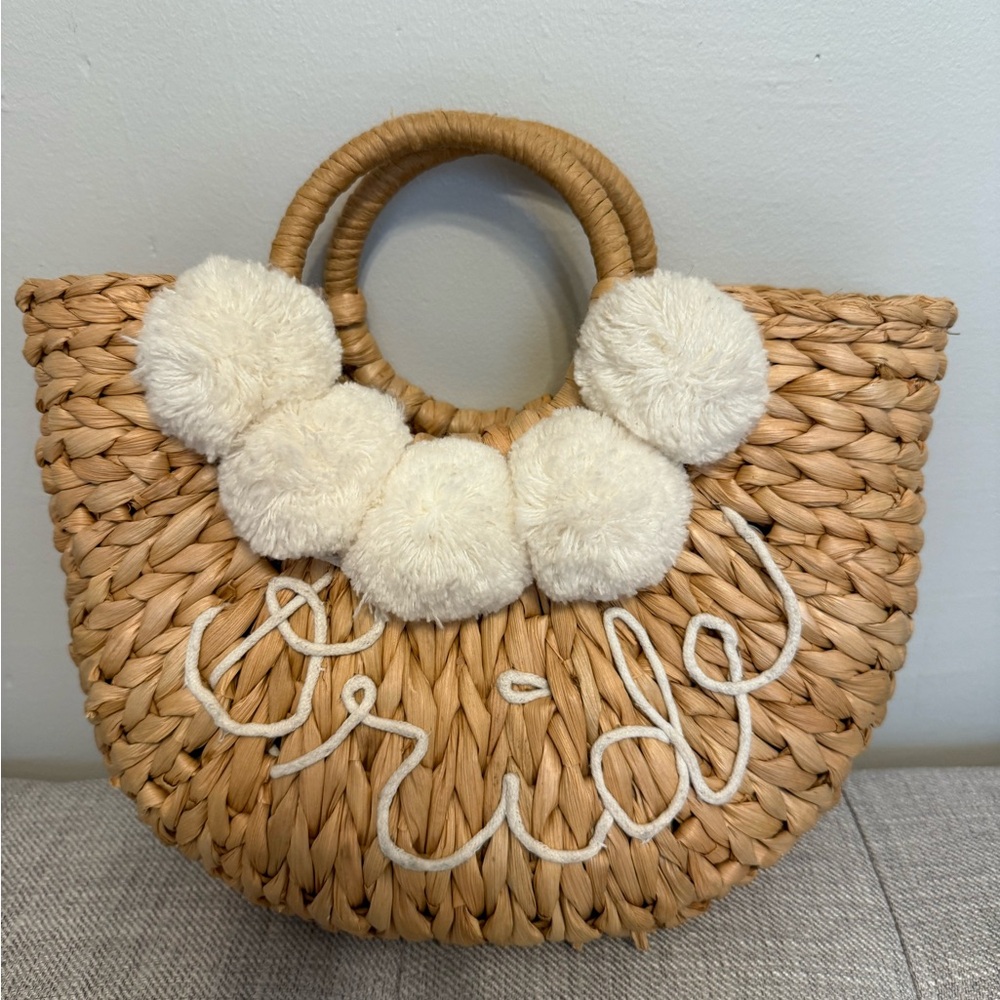 Bride Woven Basket Bag with White Pom Poms
